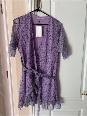Aachoae Women's Large Purple Floral Pattern Ruffle Trim Wrap Dress